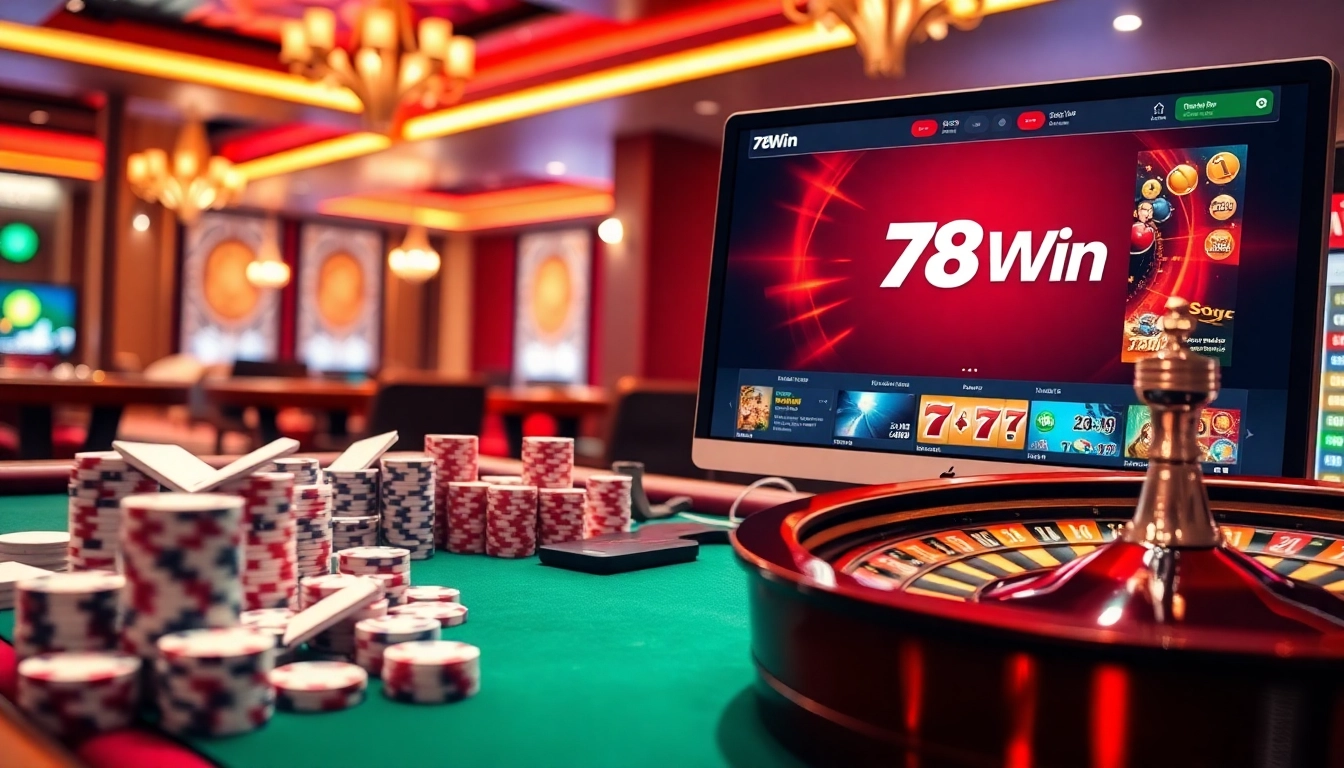 Experience the thrill of online gaming with 78Win's vibrant casino atmosphere, featuring poker chips and roulette.