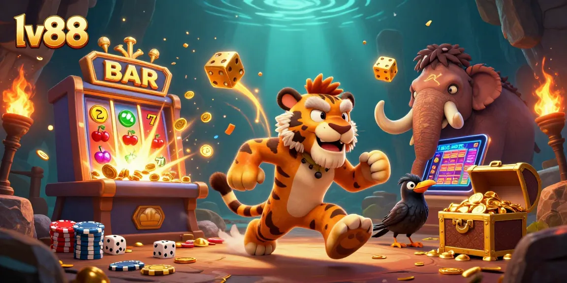 Experience thrilling gameplay at lv88 with a vibrant prehistoric casino scene featuring playful characters and exciting game elements.
