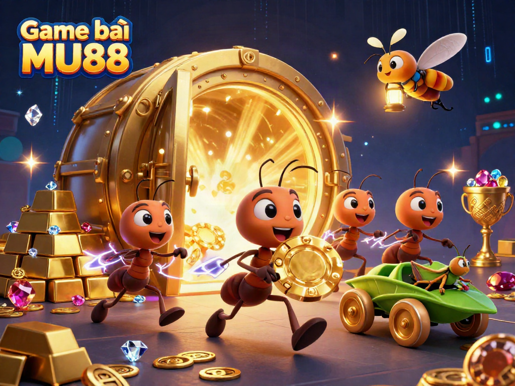 Game bài MU88: ants in a heist with a golden poker chip surrounded by treasure.