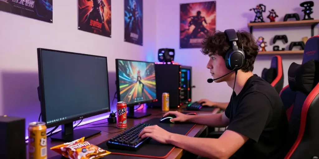 Gamer asyik bermain di ruang gaming yang ceria dengan alexistoto di layar