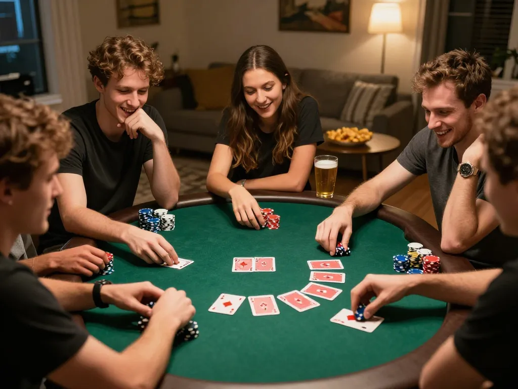 Pertemanan menikmati malam poker yang menyenangkan di rumah, dengan strategi jalatogel membimbing permainan mereka