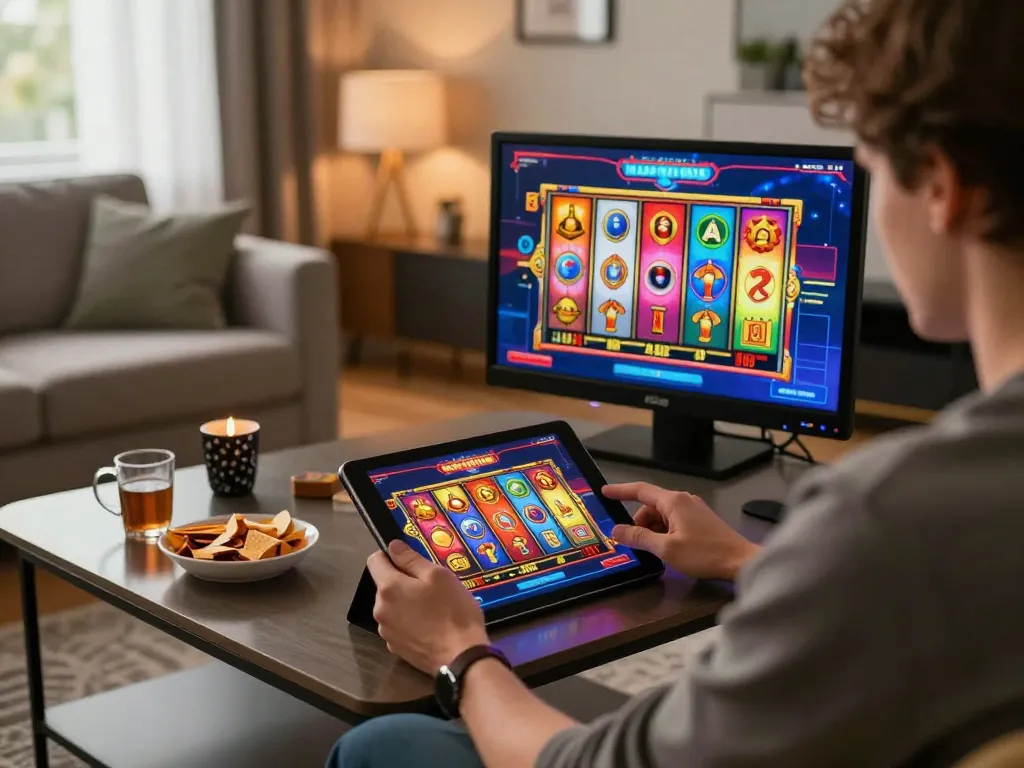 Join the action at OKESLOT with vibrant online slot gameplay in a cozy home setting