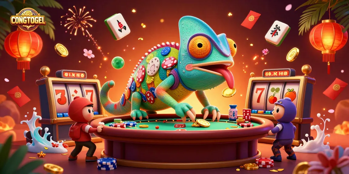 CONGTOGEL casino owner chameleon amid dynamic slot reels, mahjong tiles, and festive elements.