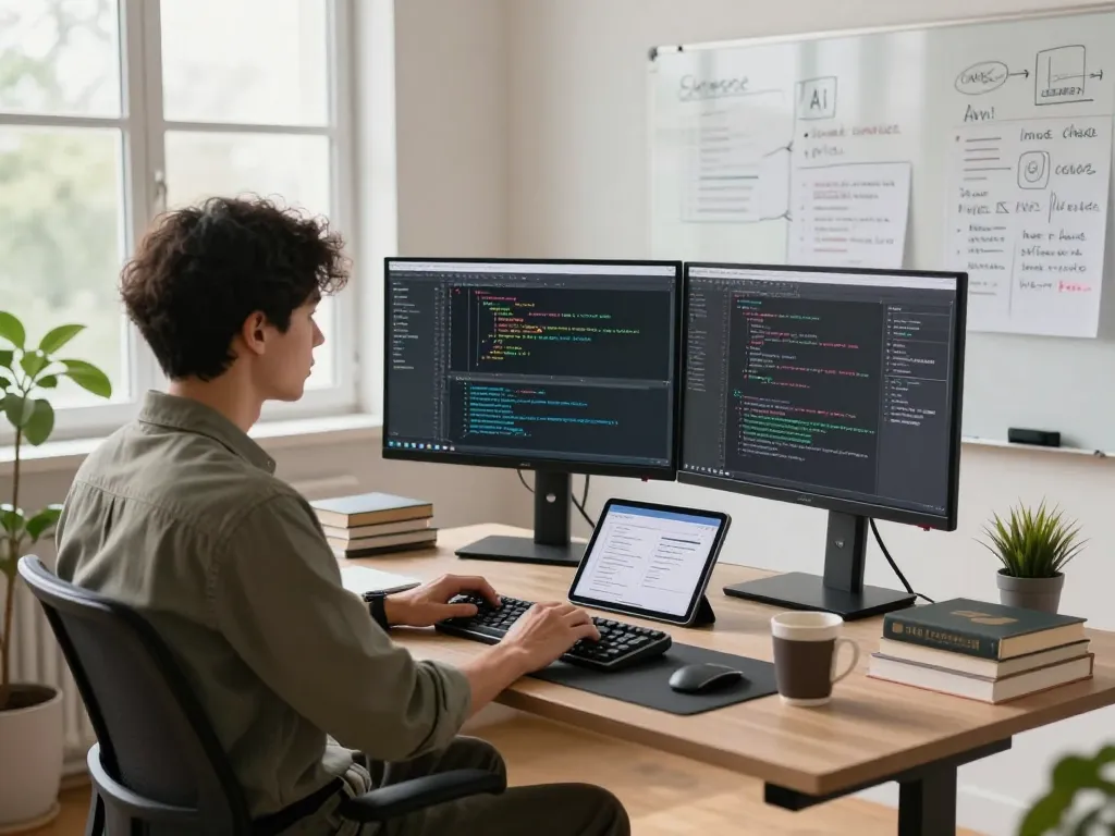 Dynamic workspace with developer coding on dual monitors reflecting crush ai integrations, showcasing creativity and productivity in tech.