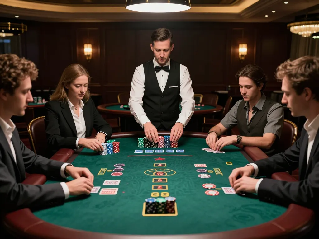 Pemain yang terlibat melihat kartu mereka di meja blackjack, menampilkan pengalaman kasino langsung dari link deluna4d.
