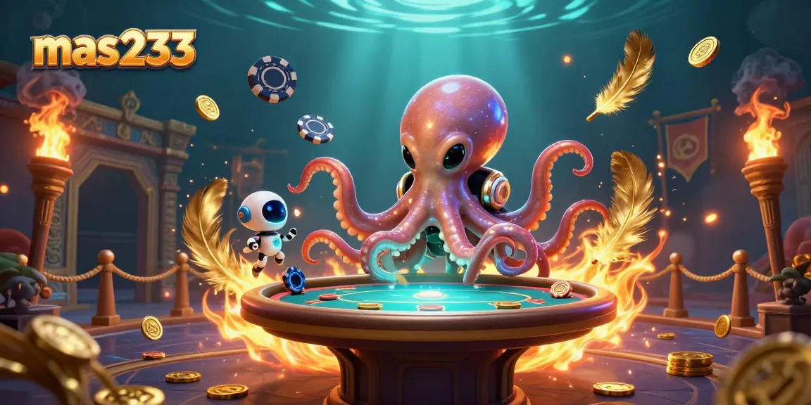 Alihkan taruhan Anda ke mas233 dengan ilustrasi kasino kuat, menampilkan octopus alien dan robot, simbol poker megah.