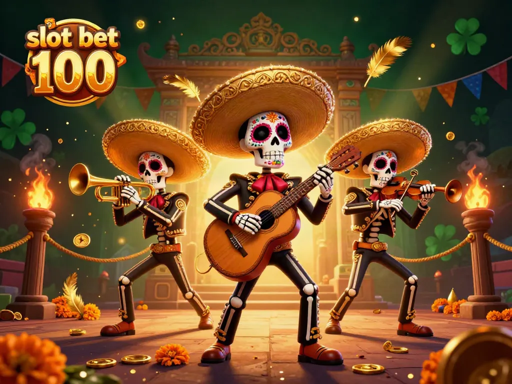 Slot Bet 100, ilustrasi kasino dengan band mariachi dan elemen permainan yang dinamis.