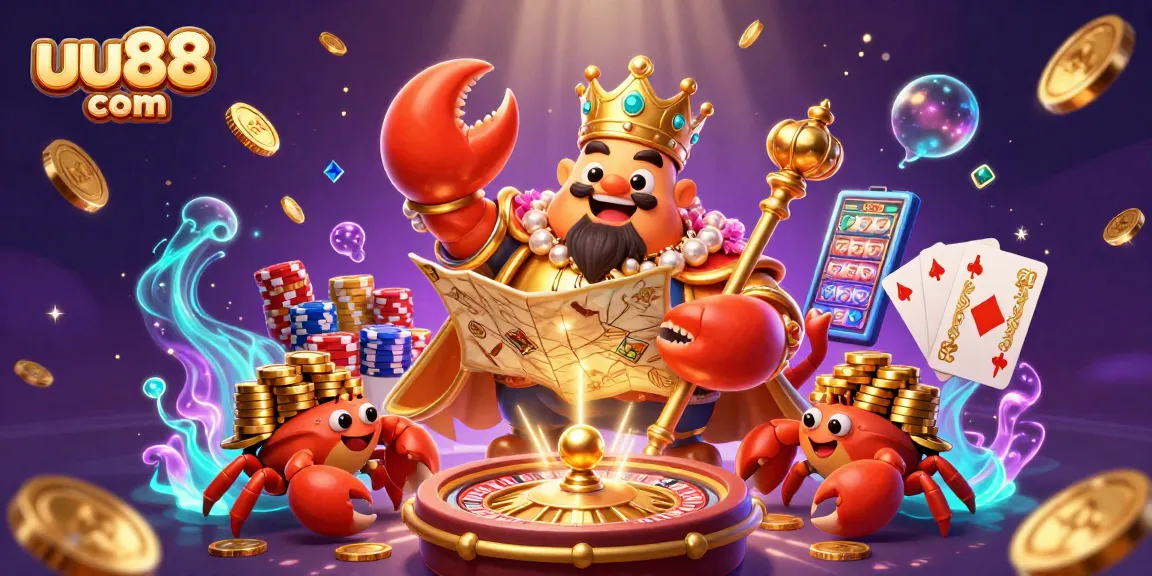 Experience the excitement of uu88 com with a majestic golden crab emperor in a vibrant casino scene.