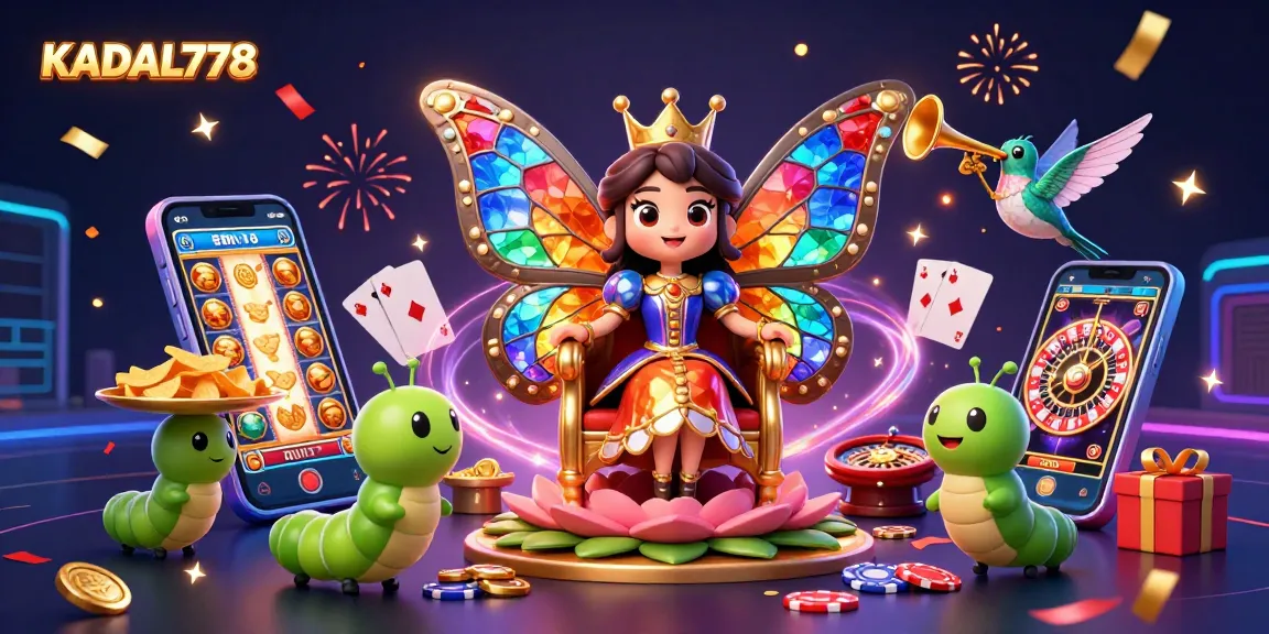 KADAL778 brings vibrant slot gaming to life with a cartoon butterfly queen in an extravagant digital casino scene.
