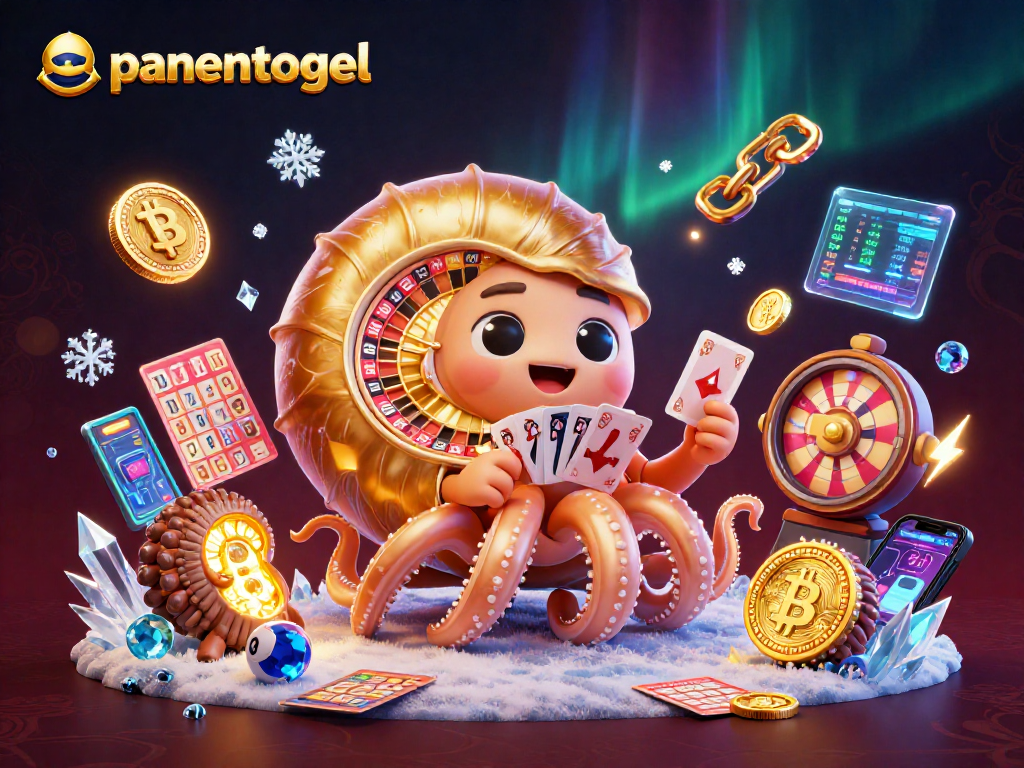 Engage with panentogel's vibrant 3D illustration showcasing an exciting lottery and cryptocurrency theme.
