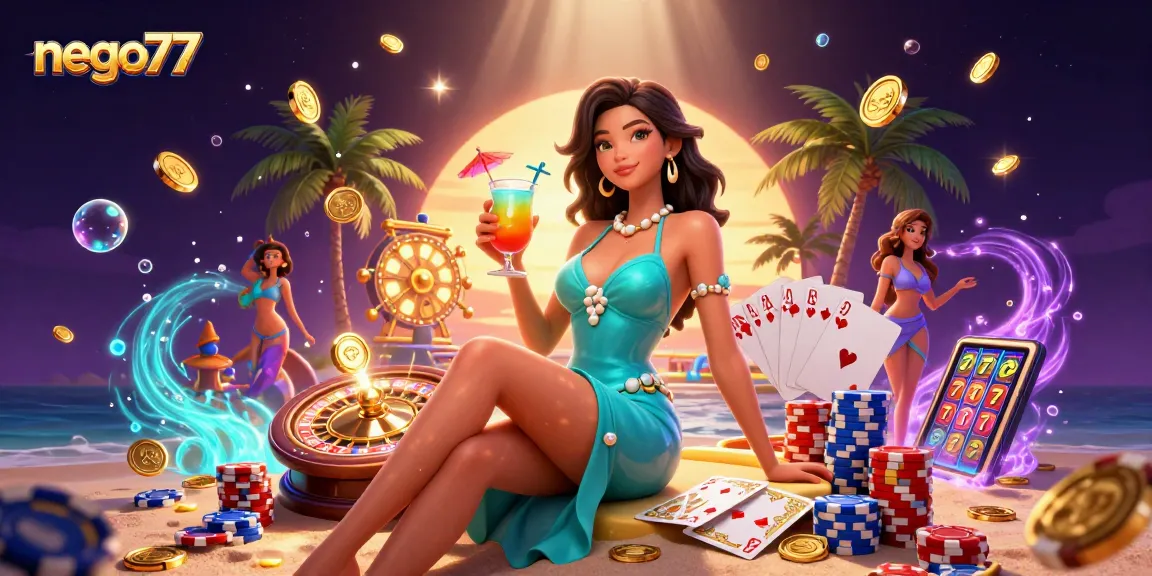 Experience the thrill of nego77 at a vibrant beach casino with glamorous characters and sparkling game elements.