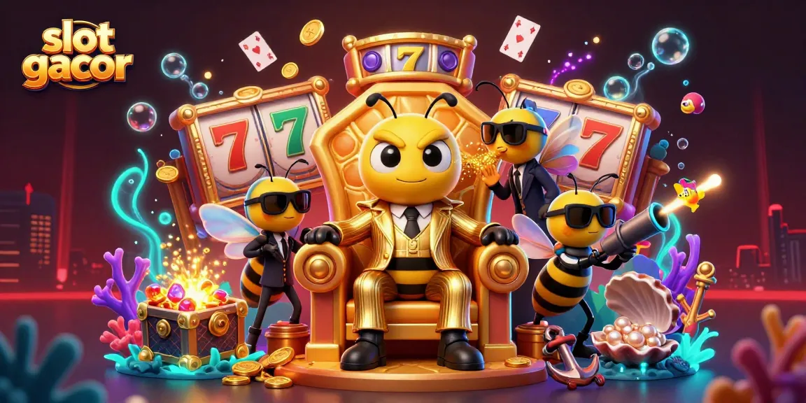 Engage with slot gacor featuring a 3D cartoon bumblebee mob boss in a vibrant casino scene.