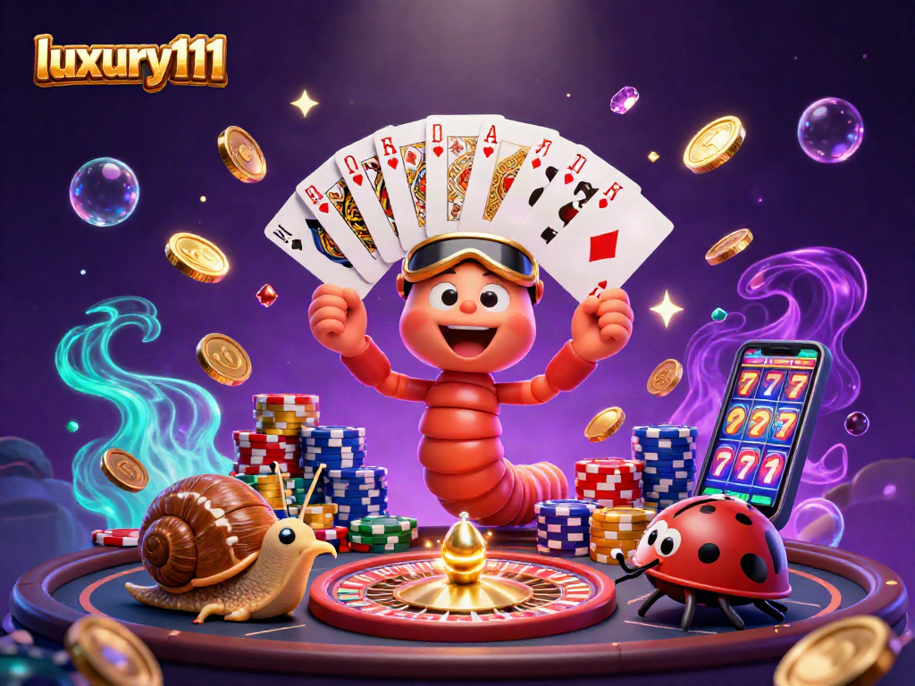 Experience the excitement of luxury111 with a vibrant casino scene featuring colorful characters and gaming elements.