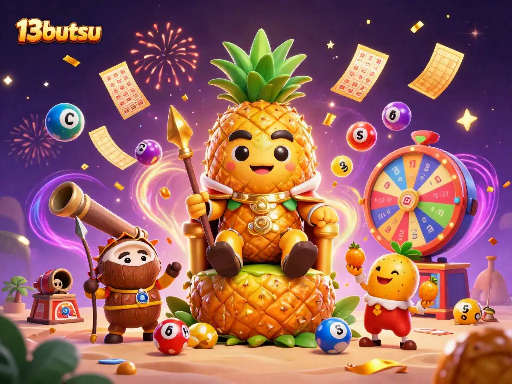 Join the fun at 13butsu slots with vibrant characters, colorful lottery balls, and dynamic casino elements.