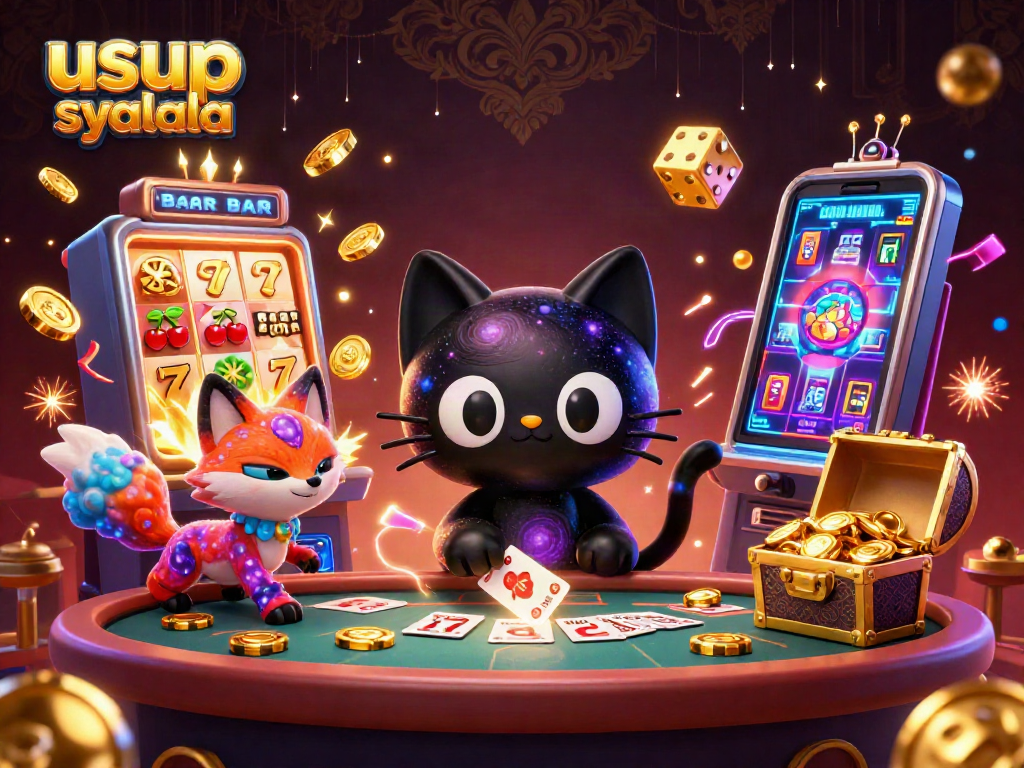 Gambarkan permainan slot seru dengan usup syalala dan kucing hitam menarik chip emas di meja kasino.
