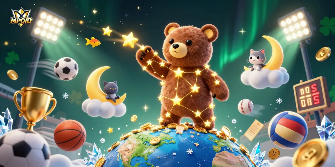 MPOID gaming wealth symbolized by a constellation bear collecting gold coins amidst a vibrant casino atmosphere.