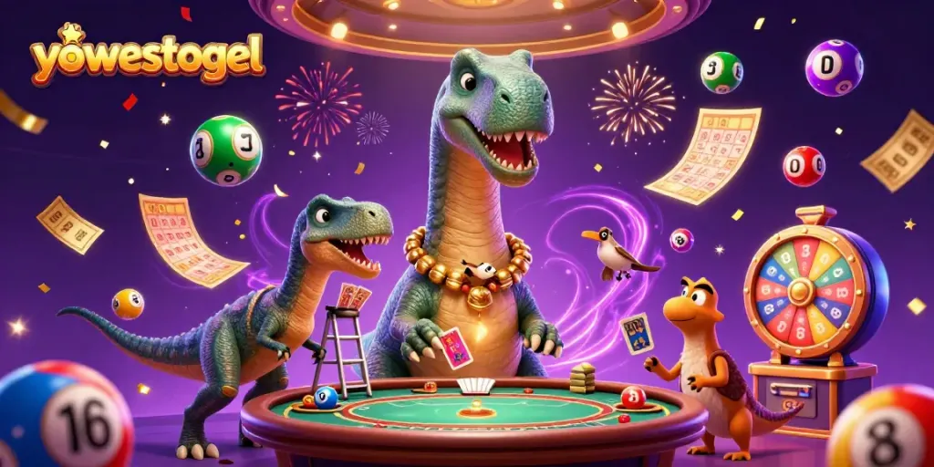 Experience big wins with yowestogel as vibrant lottery balls and a giant brontosaurus bring the casino to life.