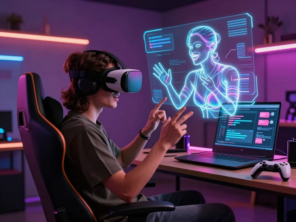 Engaging scene depicting AI sexting interaction with a virtual avatar in a futuristic digital environment.