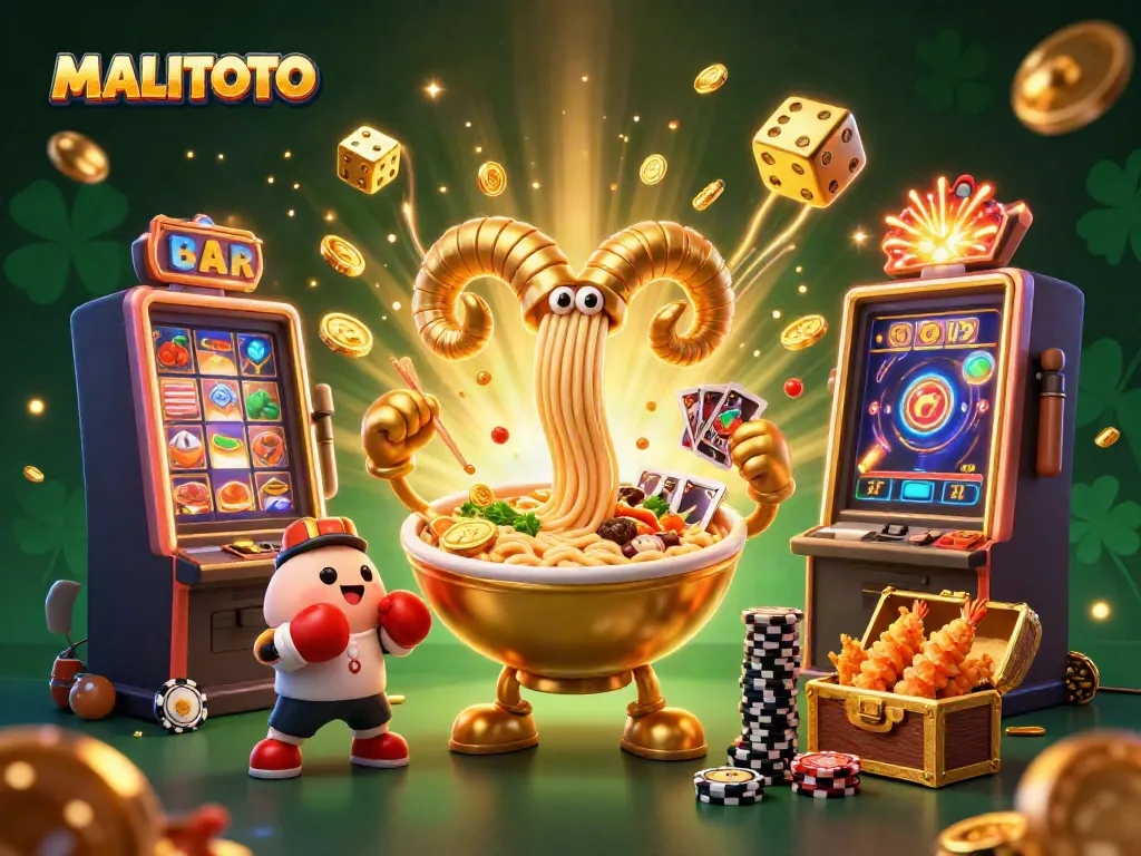 MALITOTO showcases a dynamic 3D casino scene featuring a golden ramen bowl dealing cards amidst a jackpot explosion of coins.