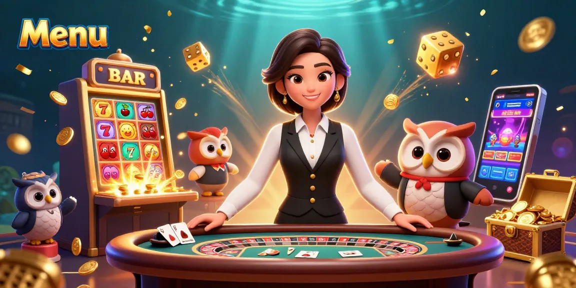 Rasakan sensasi kasino dengan Menu yang menampilkan dealer yang ceria dan slot yang meriah!
