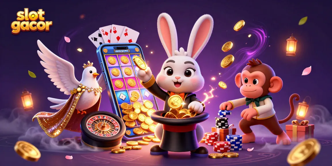 Slot gacor menampilkan kelinci pesulap menarik koin emas di samping smartphone permainan slot yang berkilau.