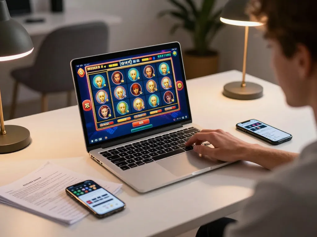 Engaged player spinning online slot machine on laptop for an exciting gaming experience