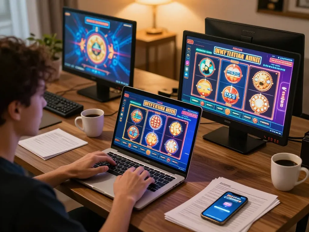 BAYITOTO user engaged in online slot gaming with colorful visuals and strategic notes