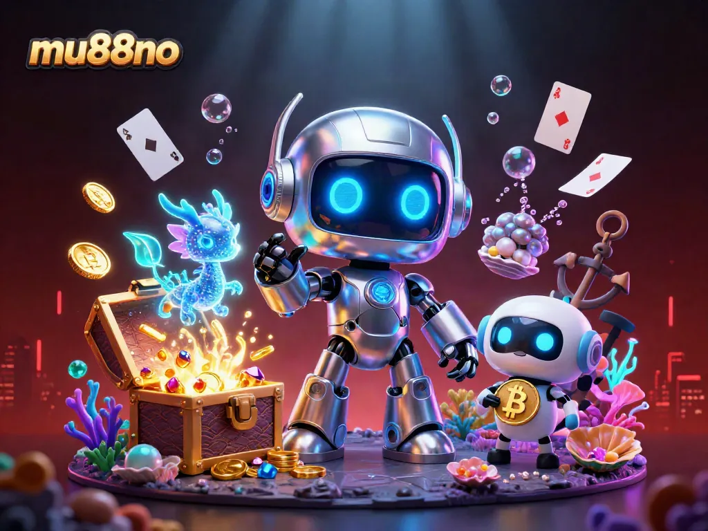 Engage in mu88no's dynamic gaming universe with vibrant characters, treasure, and casino elements.