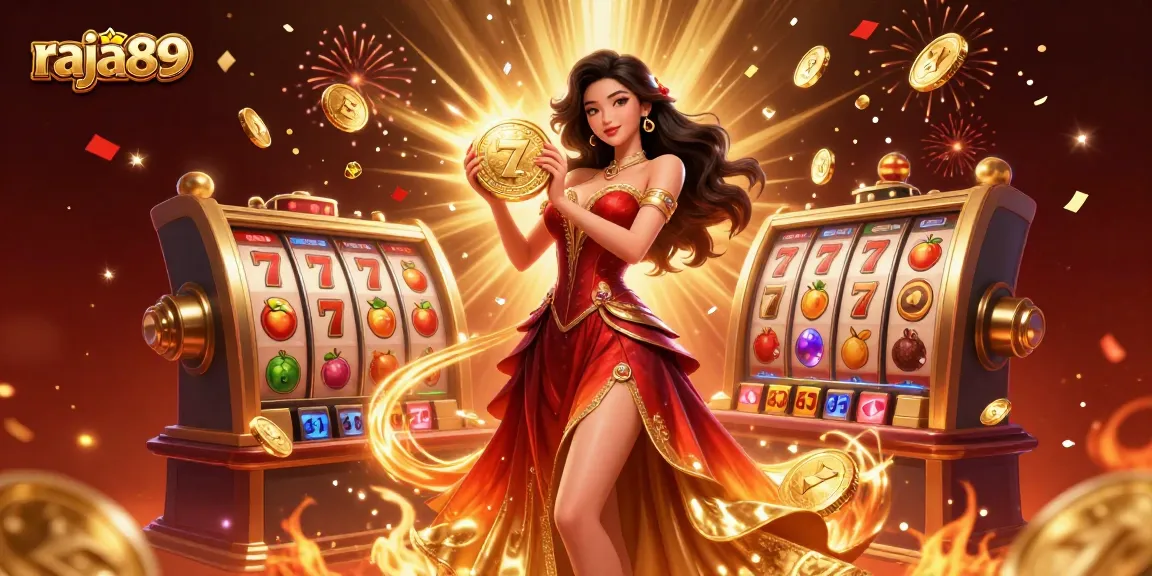 Experience big wins with raja89 in this vibrant casino scene showcasing slot reels and golden coins.