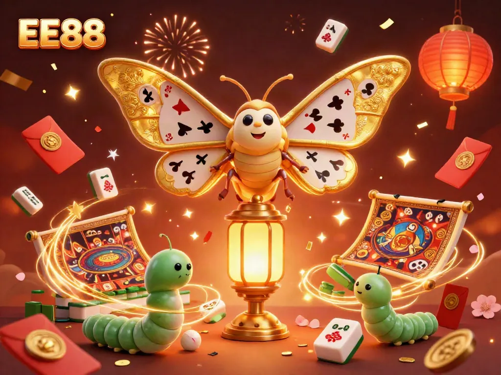 Experience thrilling gaming with EE88, featuring vibrant 3D design and festive elements.