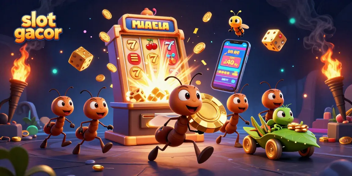 Experience the thrill of slot gacor with ants heisting a giant poker chip amidst casino adventures.