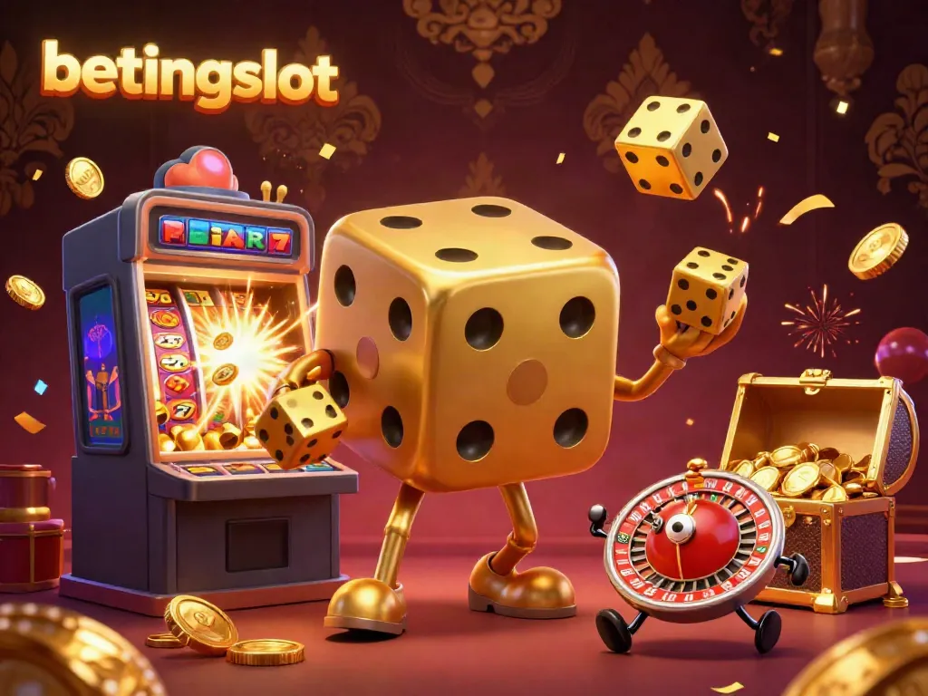 Visualisasi interaktif dari betingslot menampilkan dadu emas yang menggoda saat jackpot meledak dengan koin bersinar.