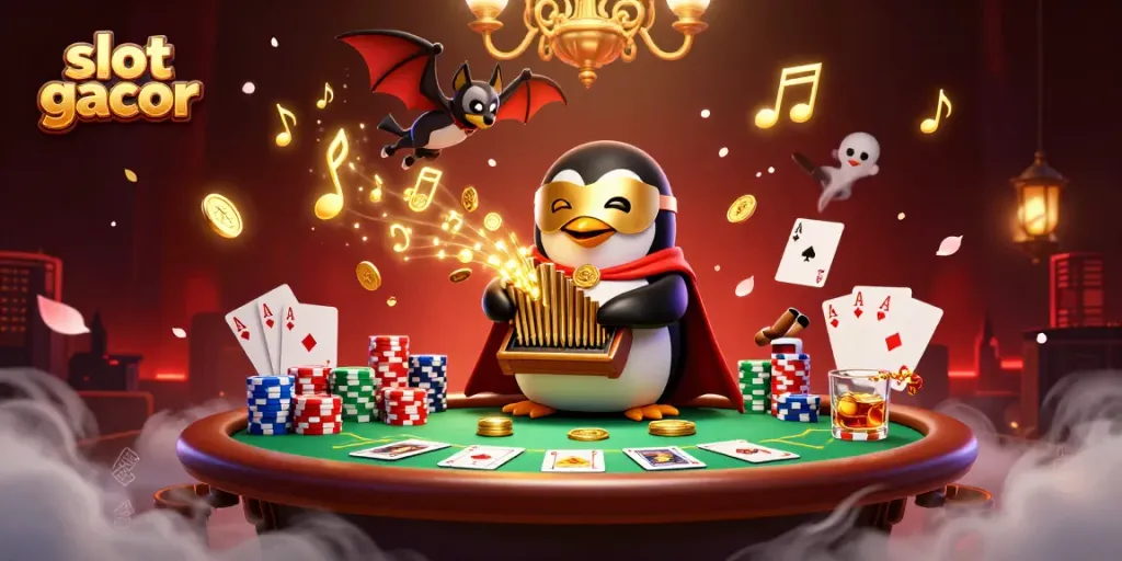 Permainan slot gacor yang menarik dengan penguin beraksi di lingkungan kasino yang meriah.
