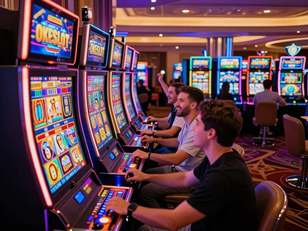 Terlibat dengan mesin slot yang mendebarkan di kasino OKESLOT, merayakan kemenangan di lingkungan yang berwarna-warni.