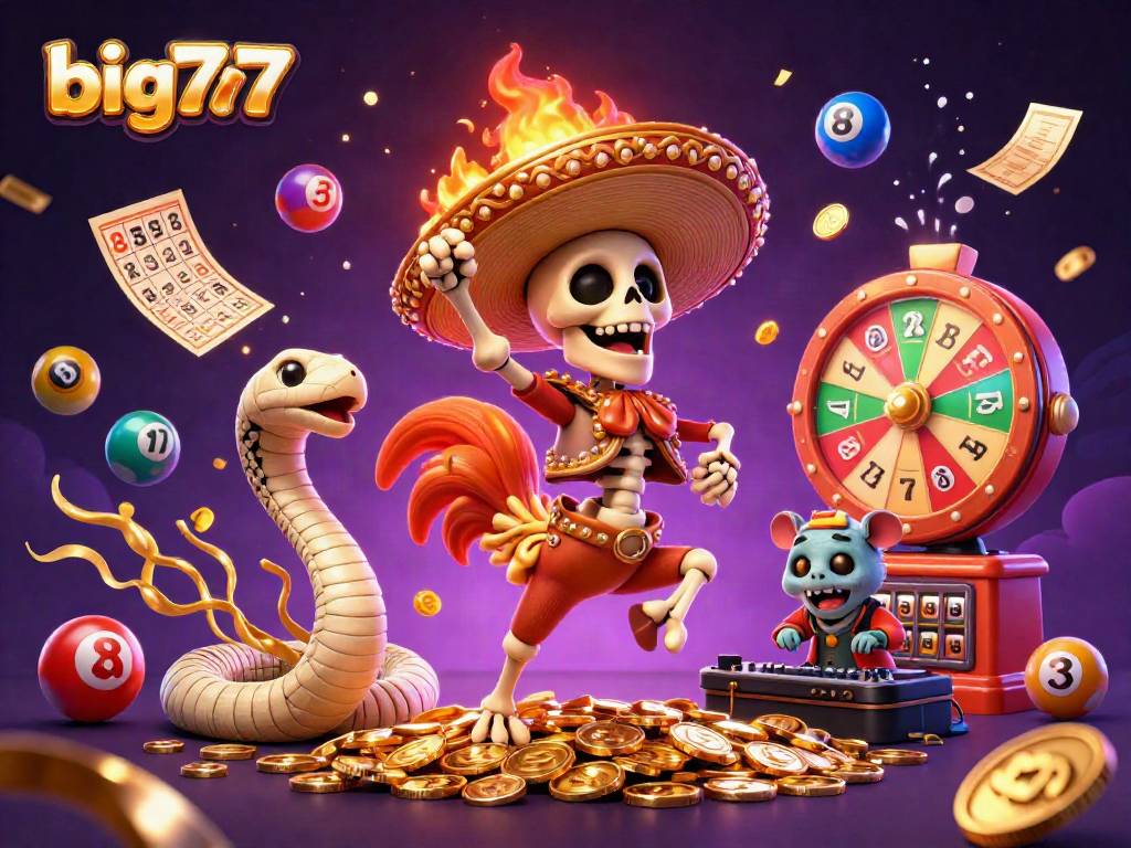 Memenangkan jackpot di big777 dengan ilustrasi kasino berwarna-warni dan karakter menarik.