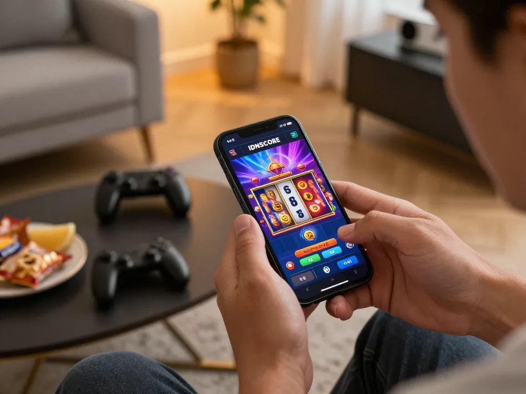 IDNSCORE gameplay on a smartphone showing exciting slots with vibrant graphics in a cozy home setting.