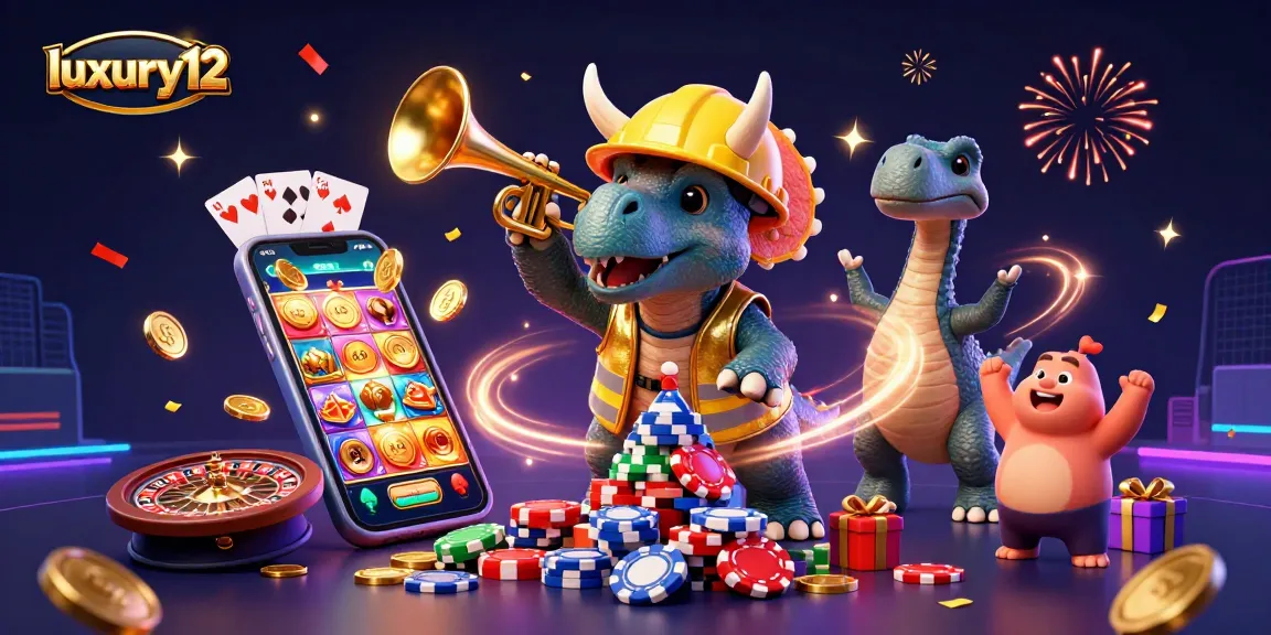 Join the fun at luxury12 as a triceratops celebrates with poker chips and slot games!