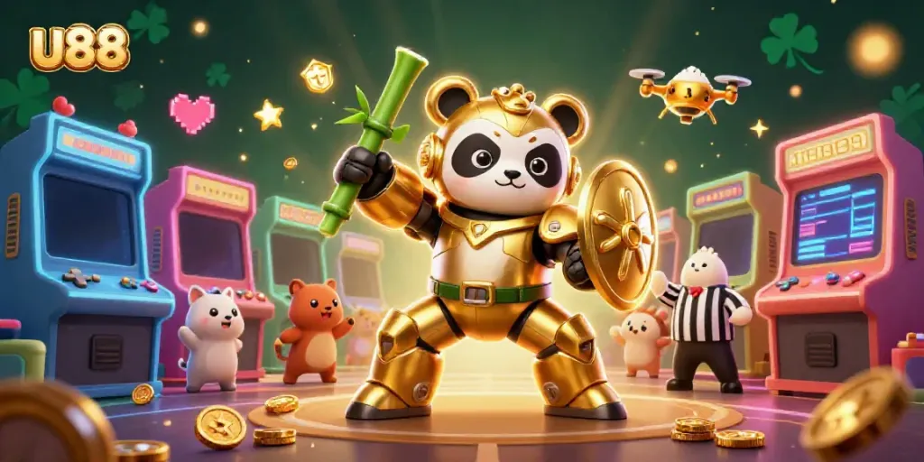 Engaging u88 themed 3D illustration showcasing a mech-suit panda and dynamic casino elements.