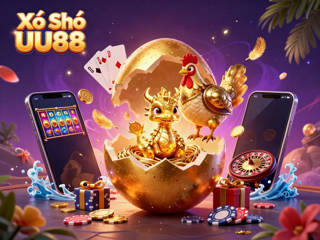 Engage with Xổ Số UU88's vibrant world as golden dragon emerges from a jackpot, surrounded by casino richness.