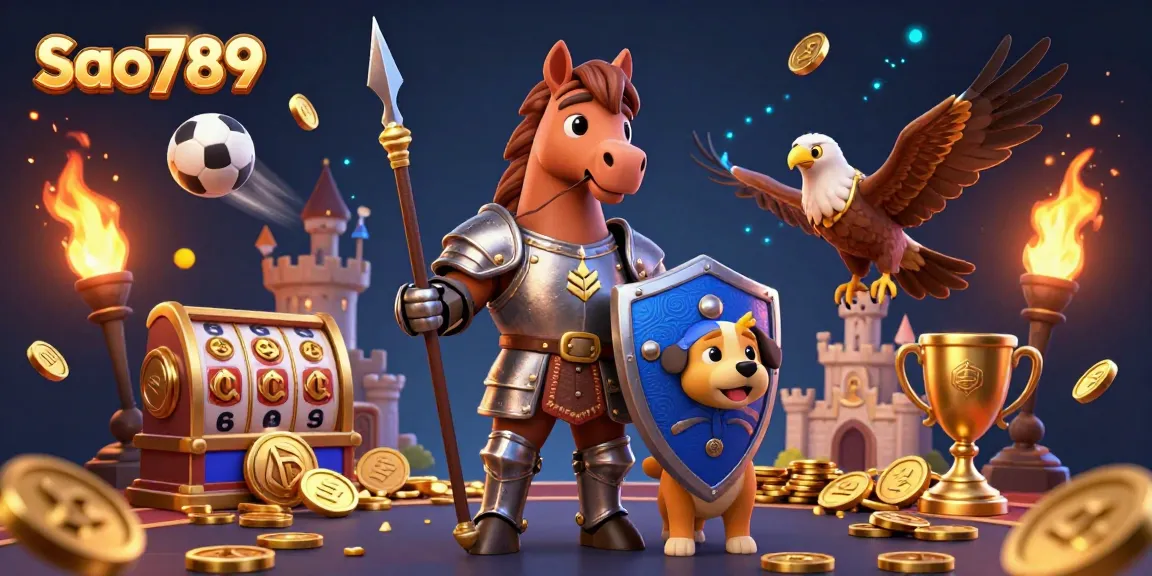 Sao789 captures the excitement of gaming with a medieval knight, lively sports balls, and golden elements.