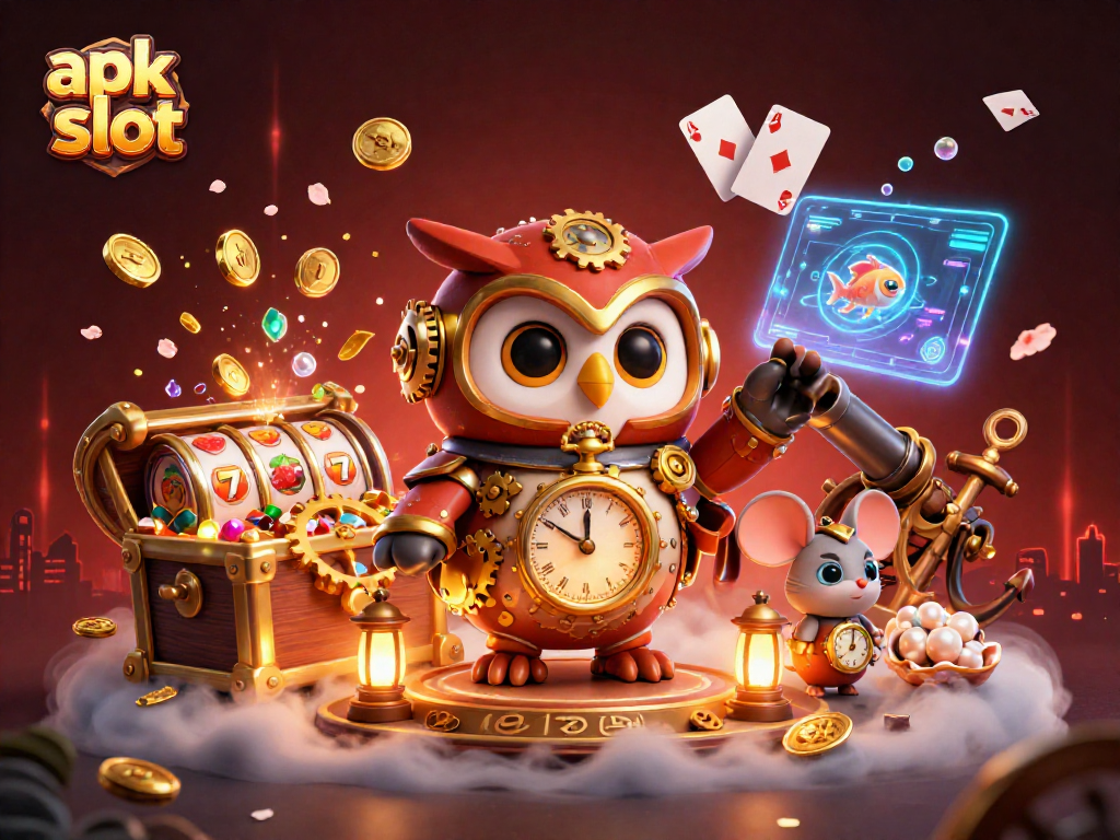 Gambarkan apk slot dengan simbol slot di lautan, dikelilingi harta karun dan kartu bermain.