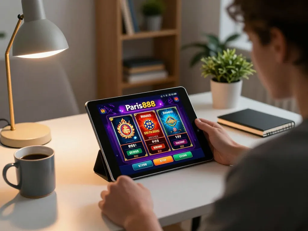 Berinteraksi dengan aplikasi kasino paris888 di tablet, menampilkan permainan strategis dalam pengaturan rumah yang nyaman.