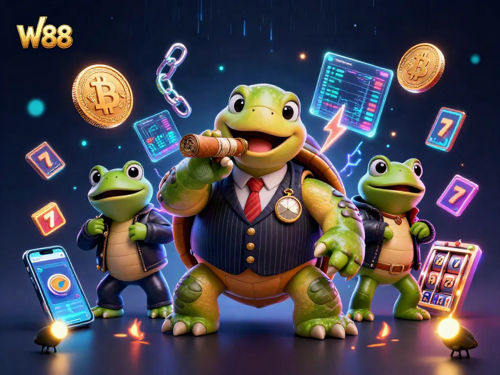 W88 casino scene featuring a snapping turtle and bullfrog enforcers amidst slot and crypto elements.