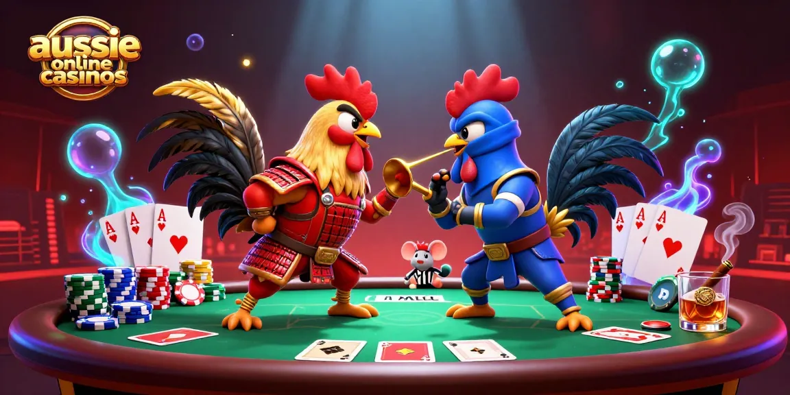 Aussie online casinos showcase a dramatic rooster standoff amid vibrant casino elements.