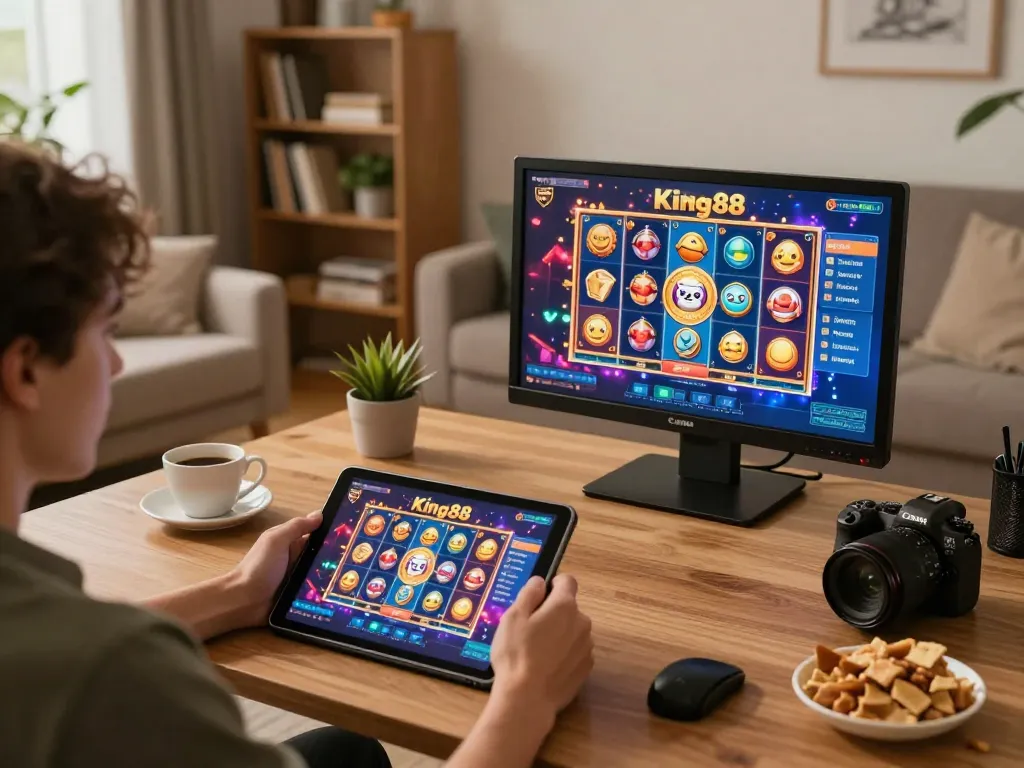 Player enjoying King88 slot games on a tablet in a cozy home environment