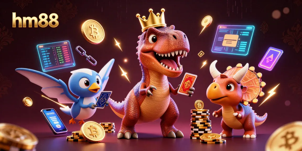 Experience thrilling gaming at hm88 with a playful dinosaur-themed 3D casino illustration.