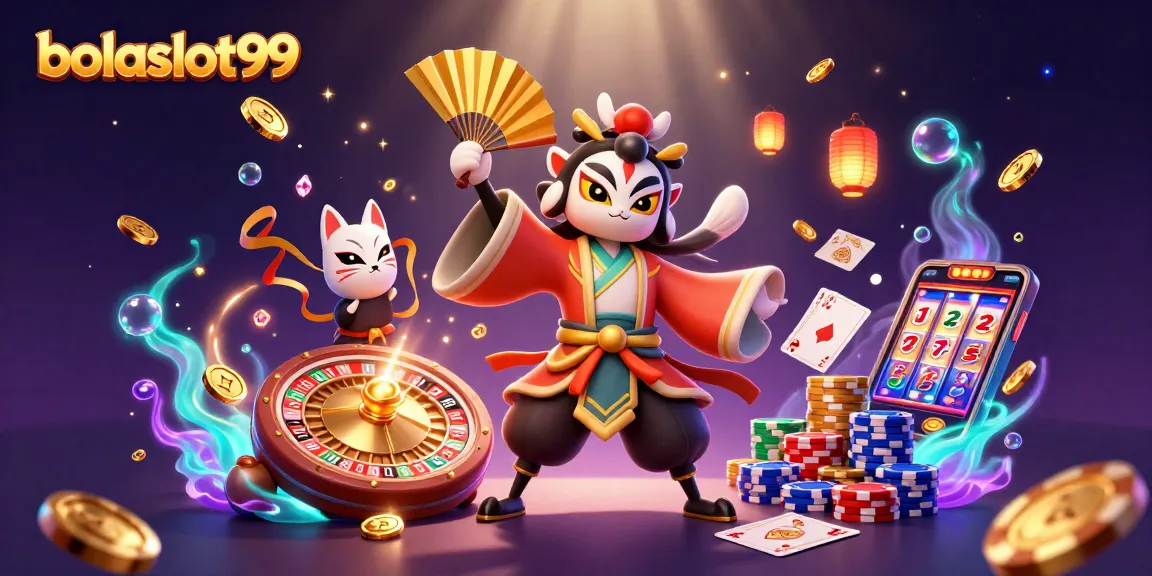Bolaslot99 brings players an immersive casino experience with vibrant illustrations of kabuki warriors and gaming symbols.