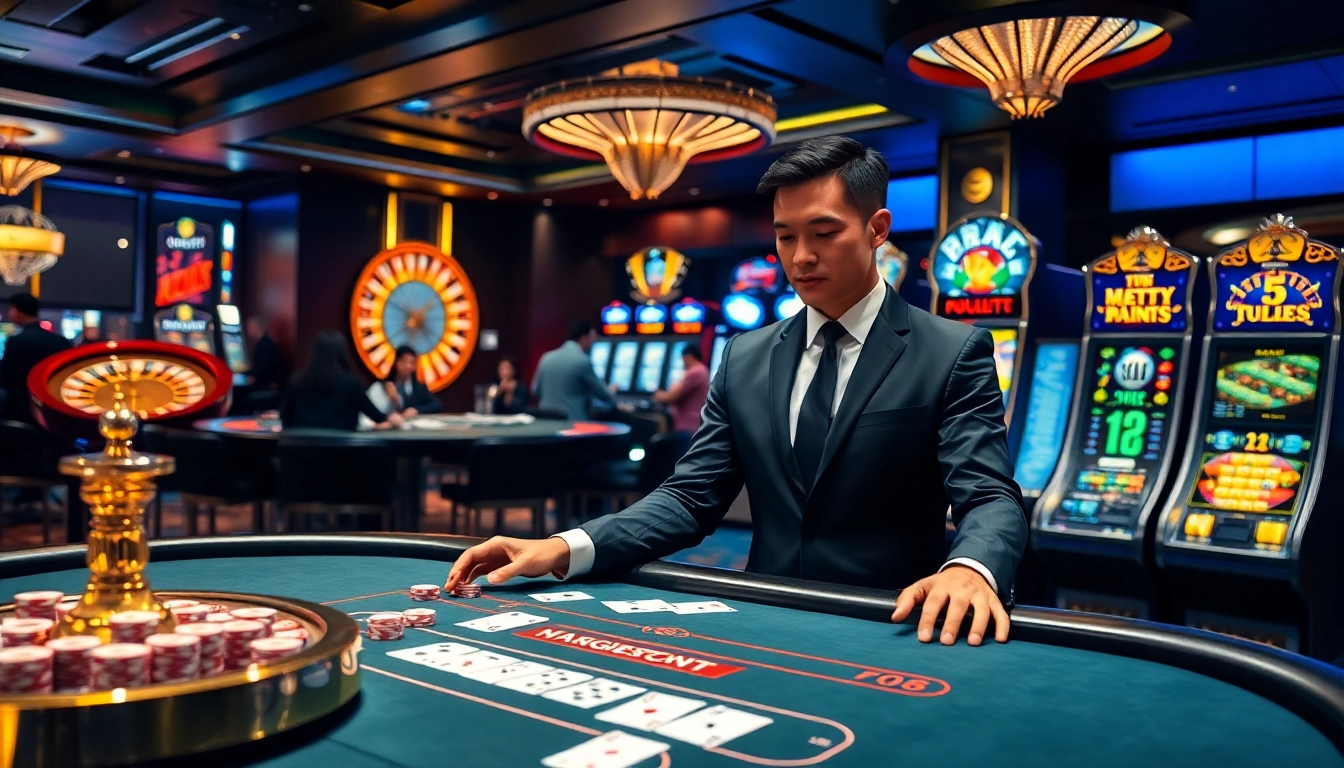 Experience thrilling gameplay at https://na777unduh.com with a professional dealer at a vibrant blackjack table.