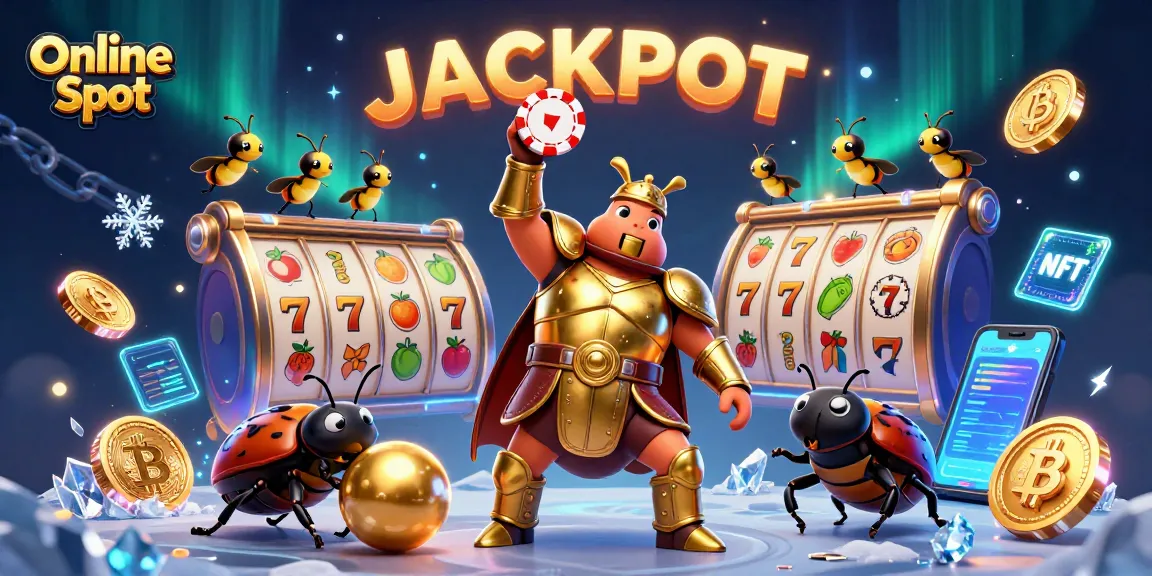 Spin jackpots with Online Slot as cartoon characters celebrate wins amidst vibrant casino elements.