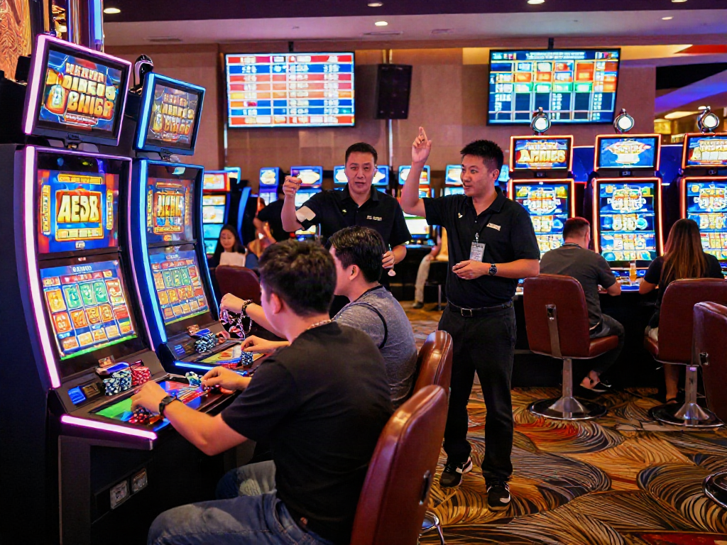 Pengunjung bermain di mesin pecah25 slot dengan suasana kasino yang meriah dan terang.